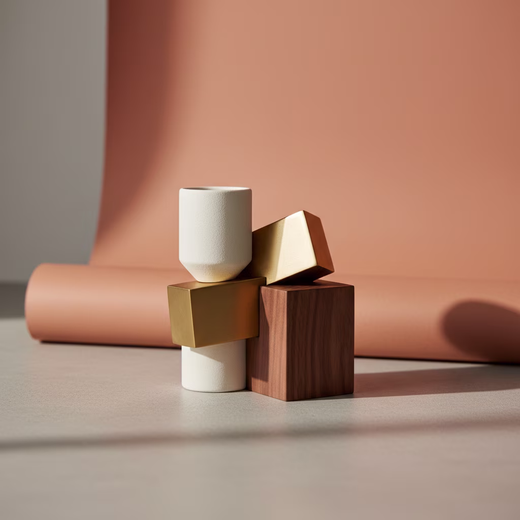 **Vorgeschlagener Blogbeitragstext:** Die Kunst der Komposition: Formen, Farben und Schatten Beginnen Sie Ihren Tag mit einer visuellen Symphonie, die Ruhe und Eleganz ausstrahlt. Dieses Bild fängt die Essenz minimalistischer Ästhetik ein und lädt dazu ein, die Schönheit im Detail zu entdecken. Im Zentrum steht eine sorgfältig inszenierte Komposition verschiedener Materialien und Geometrien: die raue, matte Haptik eines cremefarbenen Zylinders, der kühle Glanz von goldfarbenem Metall in blockförmiger Ausführung und die natürliche Wärme von dunklem Holz in Form eines Würfels. Jedes Objekt, einzigartig in seiner Form und Textur, findet seinen Platz in einer ausgewogenen und ansprechenden Anordnung. Das Spiel von Licht und Schatten verleiht der Szene Tiefe und Dramatik. Scharfe Kanten und sanfte Übergänge schaffen eine dynamische Balance und betonen die dreidimensionale Qualität der Objekte. Der sanfte Hintergrund in Terrakotta-Tönen unterstreicht die warme und zugleich moderne Ästhetik, während der hellgraue Untergrund die Komposition erdet. Dieses Arrangement ist mehr als nur ein Stillleben; es ist eine Lektion in Komposition, Balance und visuellem Gleichgewicht. Es erinnert uns daran, wie die bewusste Auswahl und Anordnung von Objekten – sei es im Zuhause, im Büro oder in der Kunst – eine beruhigende und inspirierende Atmosphäre schaffen kann. Lassen Sie sich von dieser einfachen, aber kraftvollen Ästhetik inspirieren, Ihre eigene Umgebung neu zu betrachten und kleine Inseln der Harmonie zu gestalten. Manchmal liegt die größte Schönheit in der geschickten Vereinigung unterschiedlicher Elemente. --- **Alternativtext:** Stillleben-Arrangement aus einem beigefarbenen Zylinder, zwei goldfarbenen Blöcken und einem Holzwürfel, kunstvoll gestapelt auf einem hellgrauen Untergrund vor einem sanften, terrakottafarbenen Hintergrund mit markanten Schatten.