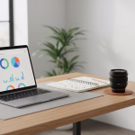 Ein gut beleuchteter Schreibtisch mit einem Laptop, der Diagramme anzeigt, einem offenen Notizbuch mit Skizzen, einem Bleistift und einem Kameraobjektiv, was eine produktive und vielseitige Arbeitsumgebung darstellt.