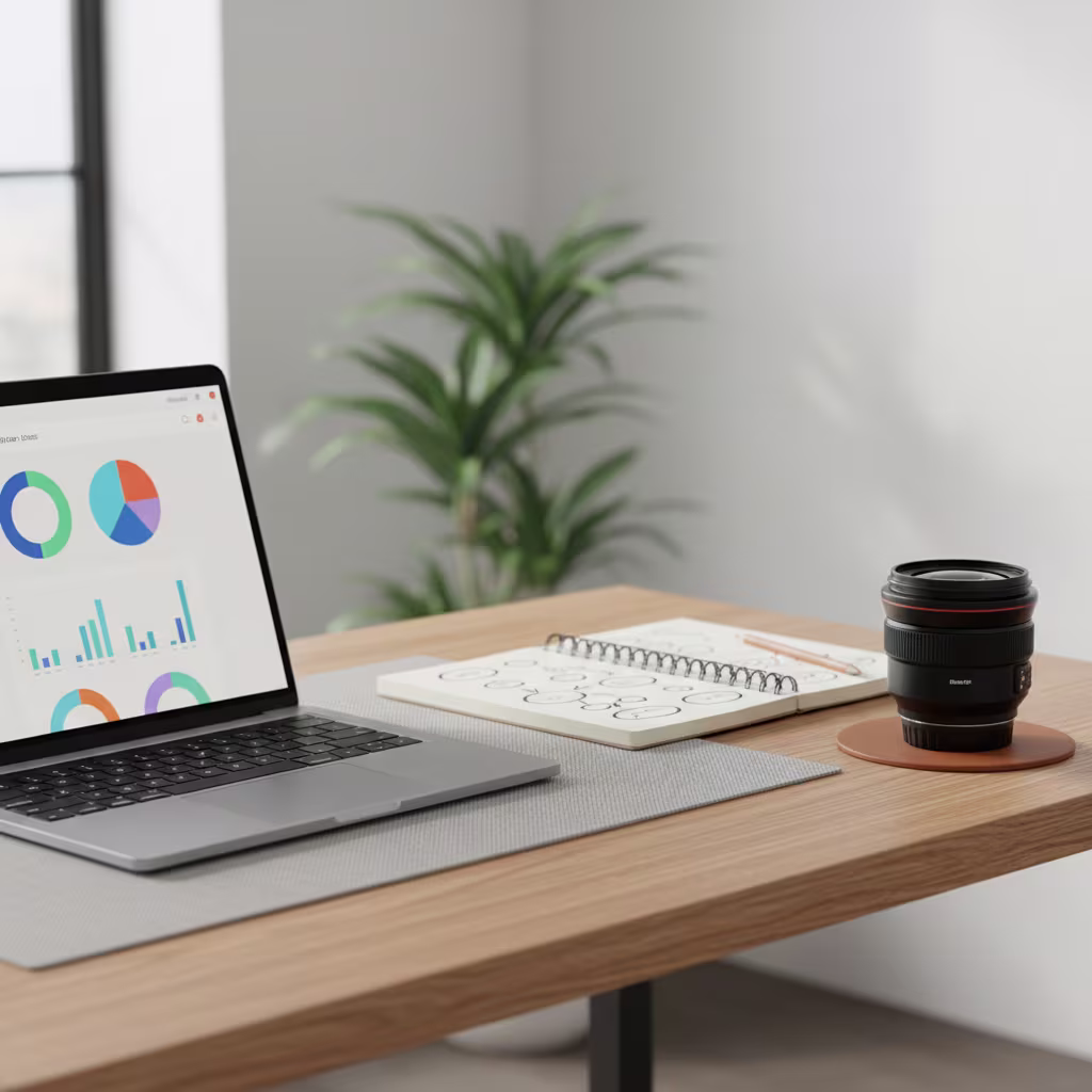 Ein gut beleuchteter Schreibtisch mit einem Laptop, der Diagramme anzeigt, einem offenen Notizbuch mit Skizzen, einem Bleistift und einem Kameraobjektiv, was eine produktive und vielseitige Arbeitsumgebung darstellt.