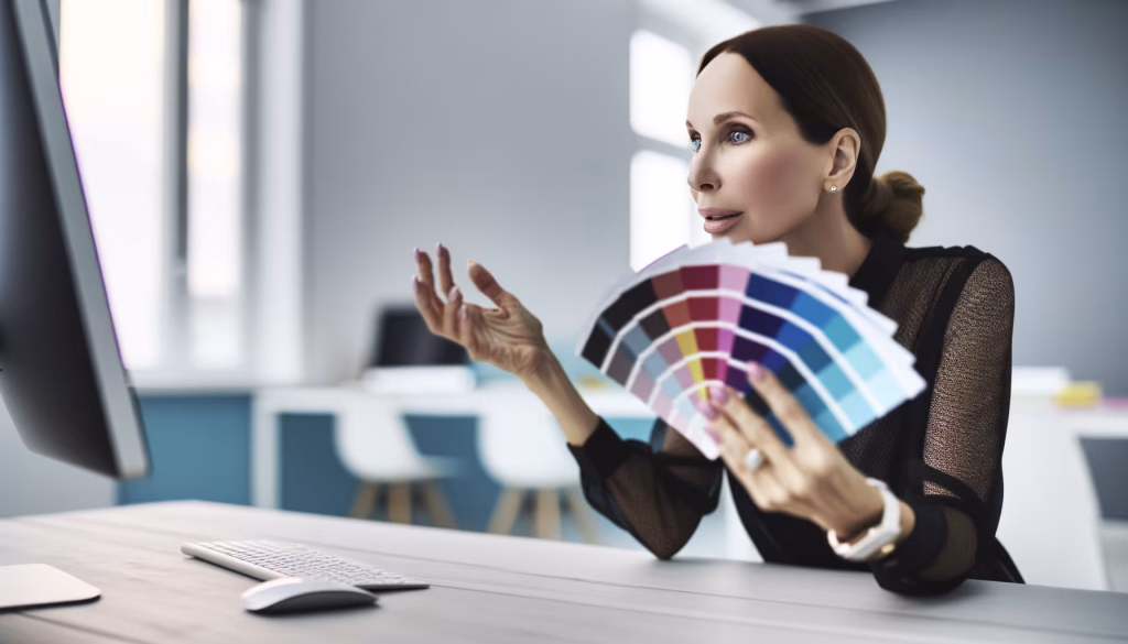 Die perfekte Farbe zu finden, ist oft eine Kunst für sich. Hier sehen wir eine Designerin, die sich intensiv mit ihrer Farbauswahl beschäftigt. Mit einer physischen Farbpalette in der Hand gleicht sie die Nuancen mit den digitalen Darstellungen auf ihrem Bildschirm ab. Dieser konzentrierte Prozess ist entscheidend, um sicherzustellen, dass die gewählten Farben nicht nur ästhetisch ansprechend sind, sondern auch die gewünschte Botschaft und Stimmung im Design optimal transportieren. Präzision und ein feines Gespür für Ästhetik sind dabei unerlässlich. **Alternativtext:** Eine Designerin gleicht eine Farbpalette mit Farben auf einem Computerbildschirm ab.