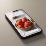 Ein Smartphone auf einer Oberfläche zeigt auf seinem Bildschirm eine Nahaufnahme einer Holzschale gefüllt mit frischen, roten Erdbeeren.