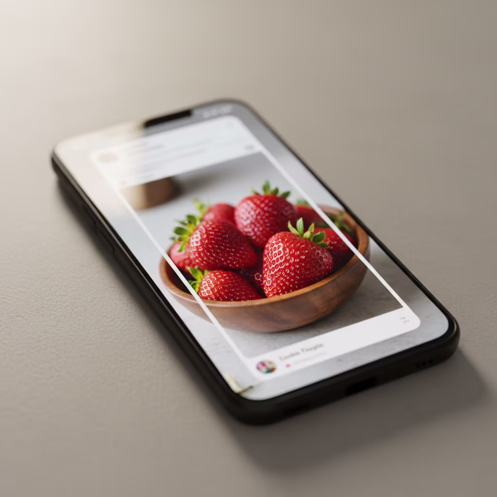 Ein Smartphone auf einer Oberfläche zeigt auf seinem Bildschirm eine Nahaufnahme einer Holzschale gefüllt mit frischen, roten Erdbeeren.