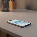 Ein Smartphone liegt auf einem Schreibtisch, dessen Bildschirm schematische Nachrichtenblasen in Blau- und Grüntönen anzeigt.