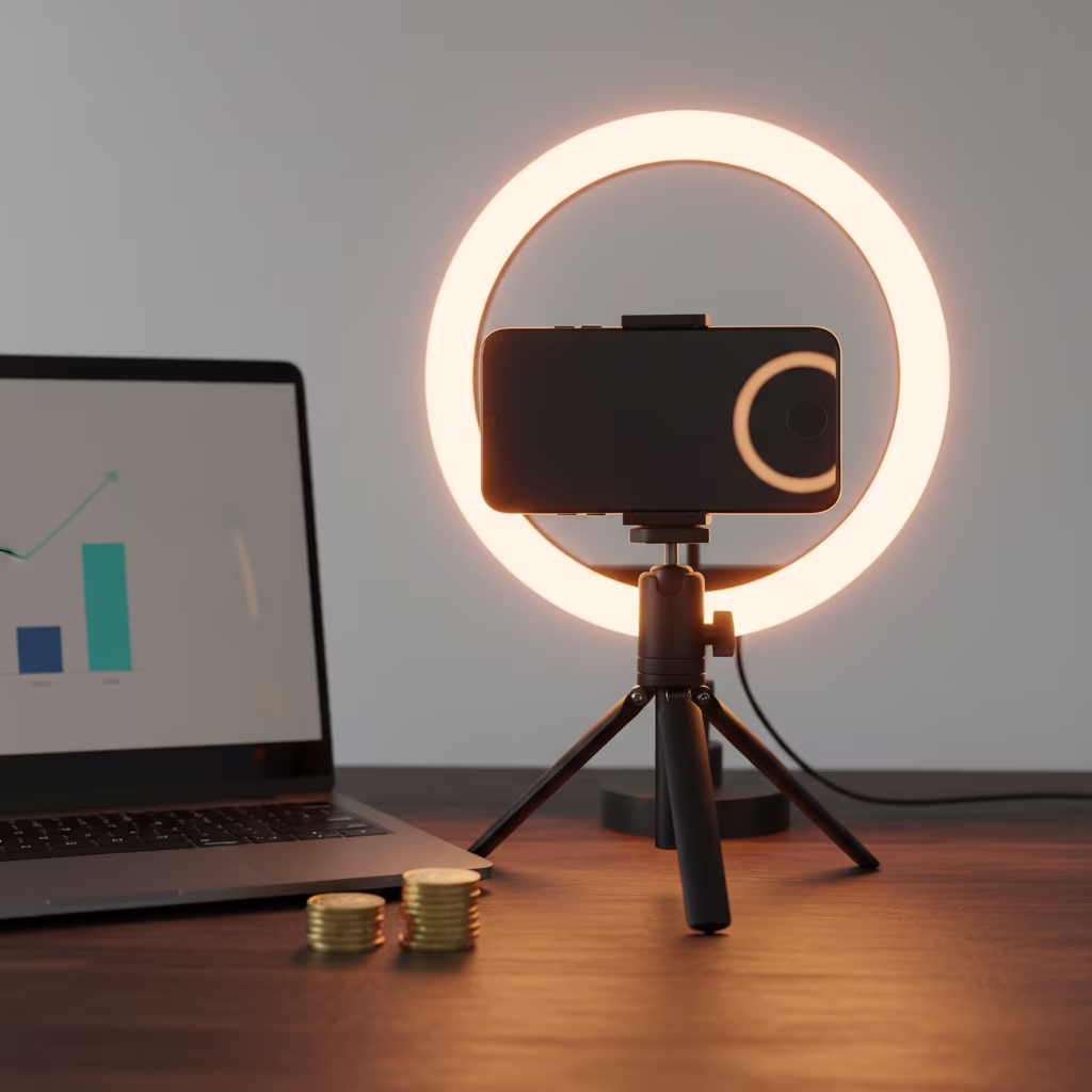 Ein Arbeitsplatz mit Laptop (Finanzgrafik), Goldmünzen und Smartphone mit Ringlicht, symbolisierend Online-Geldverdienen und Wachstum.