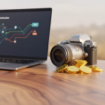 Ein Laptop mit einem Diagramm auf dem Bildschirm, eine Kamera und ein Stapel Goldmünzen liegen auf einem Holztisch, was die Themen Technologie, Fotografie und Wertschöpfung miteinander verbindet.