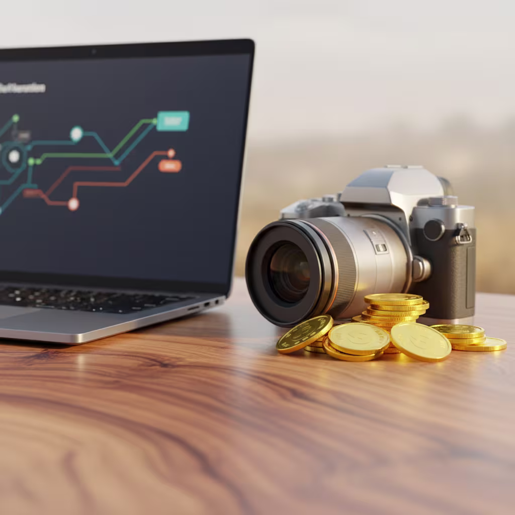 Ein Laptop mit einem Diagramm auf dem Bildschirm, eine Kamera und ein Stapel Goldmünzen liegen auf einem Holztisch, was die Themen Technologie, Fotografie und Wertschöpfung miteinander verbindet.