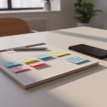 Ein Wochenplaner liegt auf einem Schreibtisch, bedeckt mit farbigen Haftnotizen, die handgeschriebene Aufgaben zeigen. Daneben liegen ein Stift und ein Smartphone.