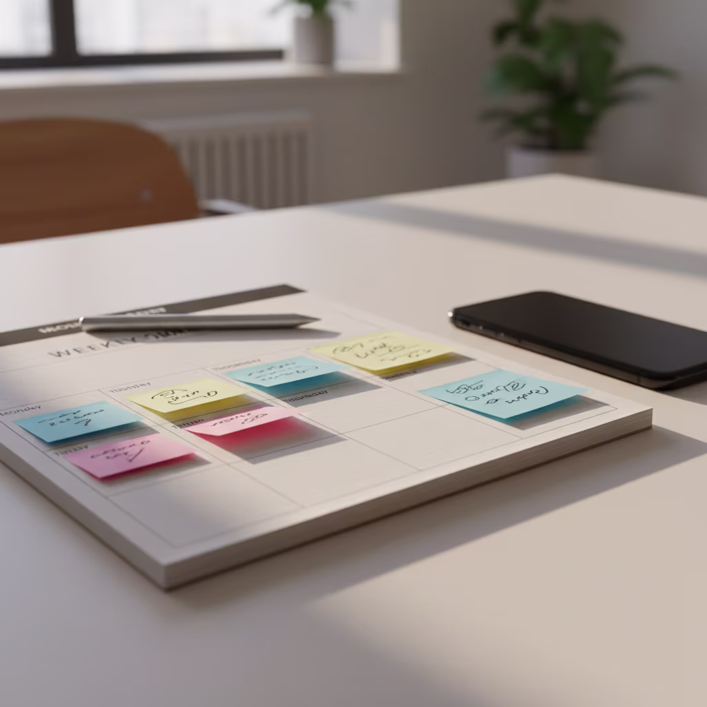 Ein Wochenplaner liegt auf einem Schreibtisch, bedeckt mit farbigen Haftnotizen, die handgeschriebene Aufgaben zeigen. Daneben liegen ein Stift und ein Smartphone.