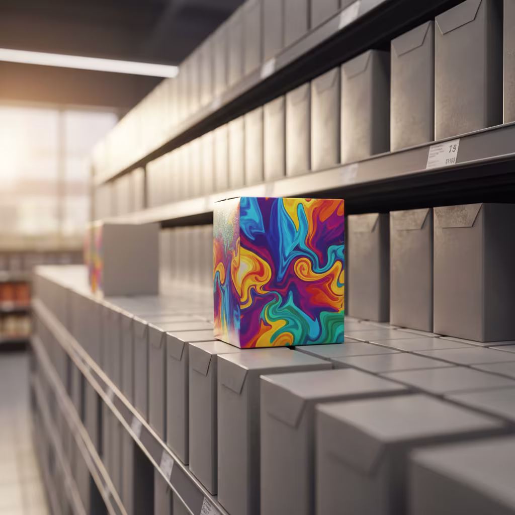 Eine einzelne, farbenfroh gemusterte Box hebt sich deutlich von Reihen identischer grauer Kartons in einem Regal ab.