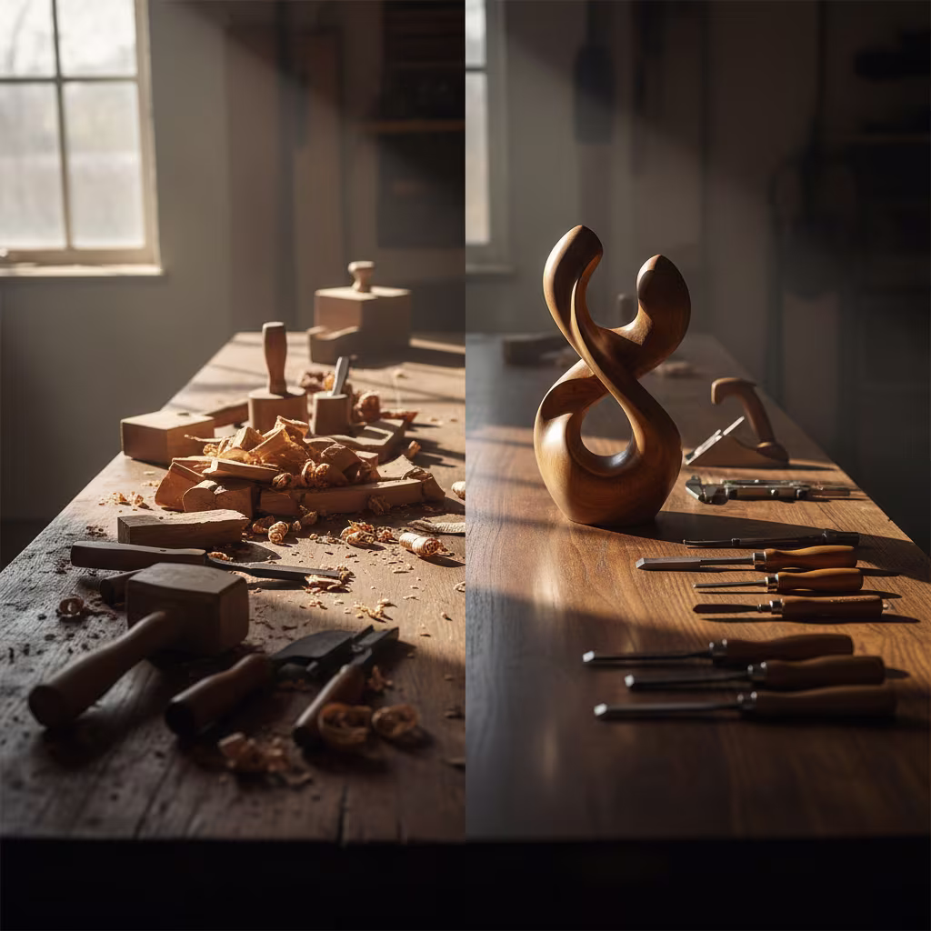 **Vorgeschlagener Text für einen Blogbeitrag:** "In der Welt der Holzbearbeitung verschmelzen Geduld, Präzision und Leidenschaft zu wahren Kunstwerken. Unser Bild fängt diese Essenz perfekt ein: Auf der einen Seite sehen wir die Ursprünglichkeit des Handwerks – eine rustikale Werkbank, übersät mit Holzspänen, rohen Holzstücken und robusten Werkzeugen, die den Anfang jedes Schaffens markieren. Es ist der Ort, wo Ideen Form annehmen, wo das Holz unter den Händen des Handwerkers zum Leben erweckt wird. Die andere Seite des Bildes offenbart das strahlende Ergebnis dieser hingebungsvollen Arbeit: eine elegant geformte Holzskulptur, deren fließende Linien die natürliche Schönheit des Materials hervorheben. Umgeben von feinen Schnitzwerkzeugen, symbolisiert sie die vollendete Transformation – vom einfachen Holzblock zum beeindruckenden Kunstobjekt. Dieses visuelle Zusammenspiel ist eine Hommage an die Meisterschaft, die es braucht, um aus einem Stück Natur etwas Einzigartiges und Bleibendes zu schaffen, und erinnert uns daran, dass wahre Schönheit oft aus dem Zusammenspiel von harter Arbeit und künstlerischer Vision entsteht." **Alternativtext:** Ein geteiltes Bild einer Holzwerkstatt: Links eine rustikale Werkbank mit Holzspänen, Rohmaterial und groben Werkzeugen; rechts eine elegante, fertige Holzskulptur umgeben von feinen Schnitzwerkzeugen. Das Bild symbolisiert den Übergang vom handwerklichen Prozess zum fertigen Kunstwerk.
