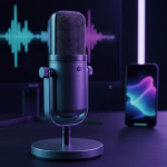 Ein modernes Mikrofon steht auf einem Schreibtisch, beleuchtet in Blau- und Violetttönen, mit einer Soundwelle auf einem Bildschirm im Hintergrund und einem Smartphone daneben.