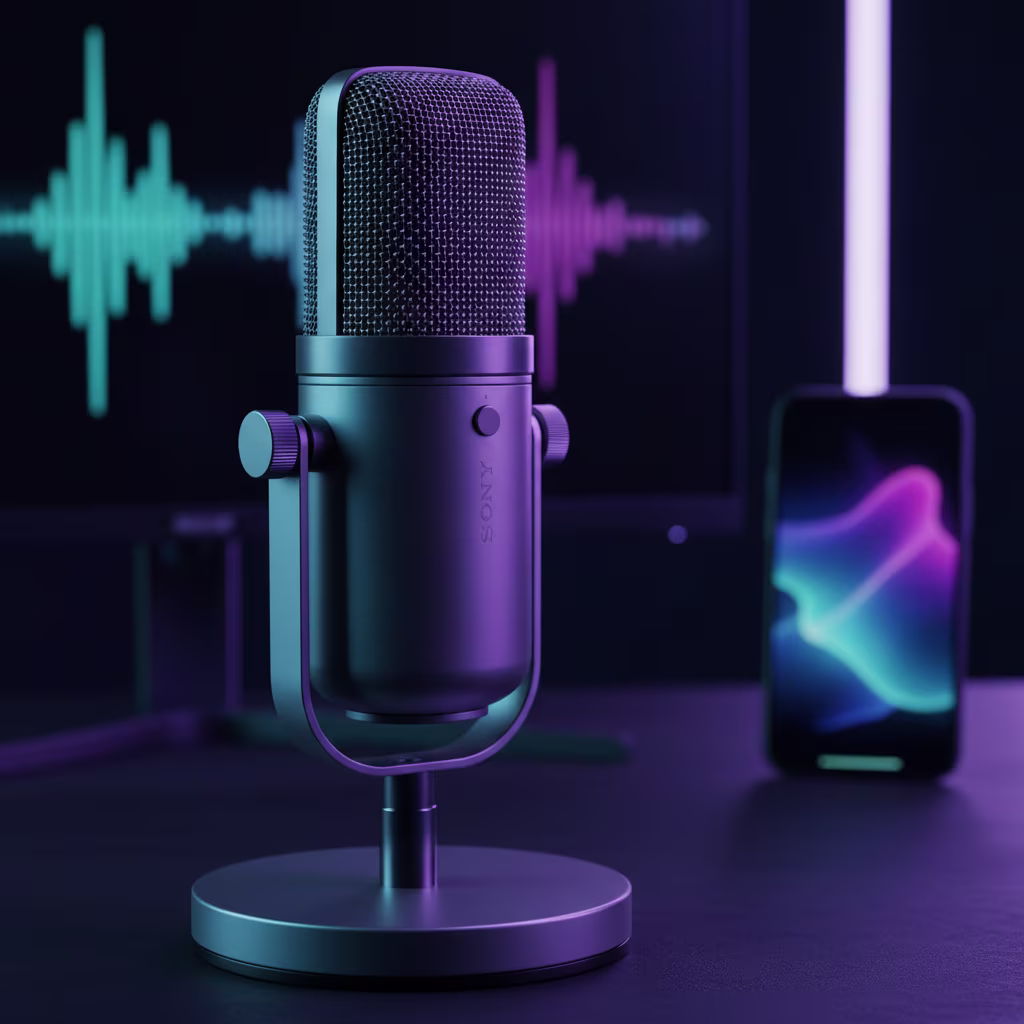 Ein modernes Mikrofon steht auf einem Schreibtisch, beleuchtet in Blau- und Violetttönen, mit einer Soundwelle auf einem Bildschirm im Hintergrund und einem Smartphone daneben.