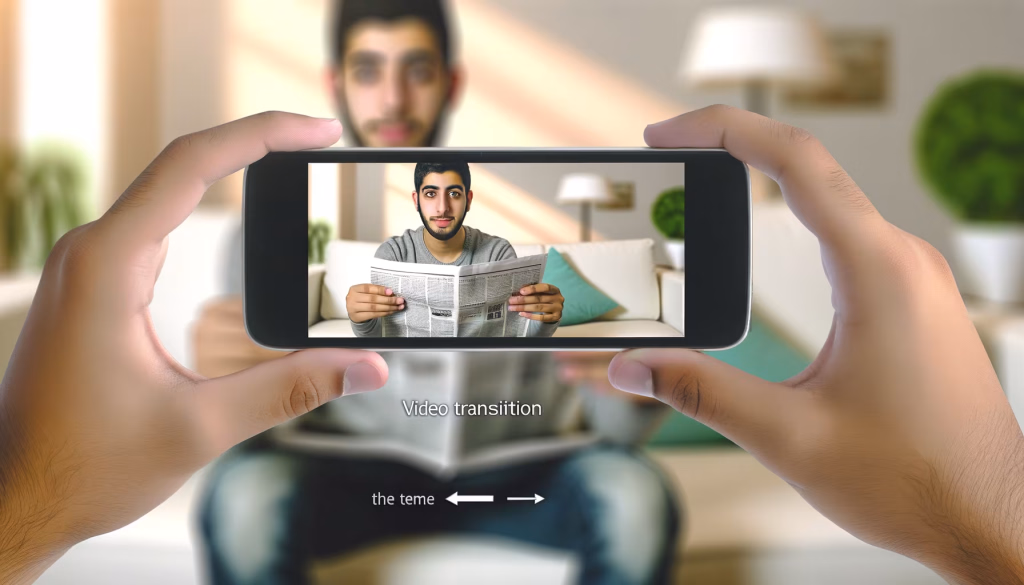 Hände halten ein Smartphone, das eine Nahaufnahme eines Mannes zeigt, der eine Zeitung in einem Wohnzimmer liest. Im unscharfen Hintergrund ist dieselbe Wohnzimmerszene mit dem Mann zu sehen.