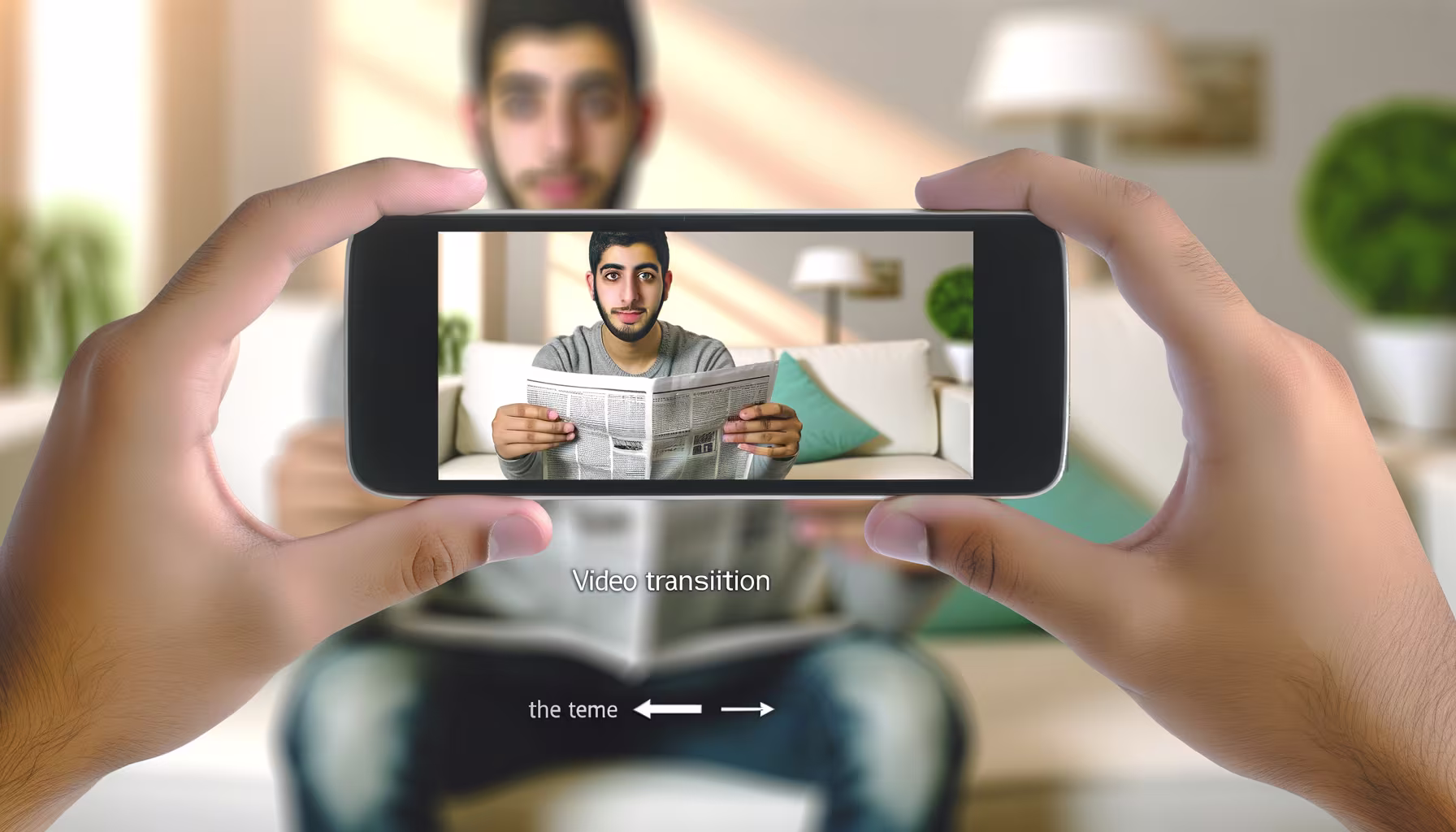 Hände halten ein Smartphone, das eine Nahaufnahme eines Mannes zeigt, der eine Zeitung in einem Wohnzimmer liest. Im unscharfen Hintergrund ist dieselbe Wohnzimmerszene mit dem Mann zu sehen.