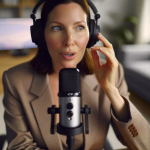 Eine Frau mit Kopfhörern und Mikrofon spricht engagiert in einem professionellen Umfeld.