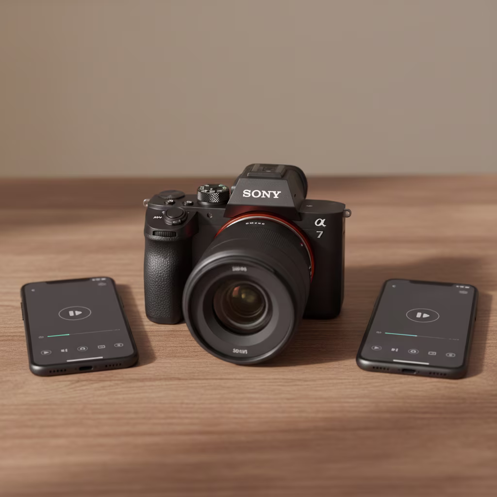 Im Zentrum der modernen Medienwelt steht oft die Kamera – ein Präzisionswerkzeug, das Geschichten in beeindruckender Qualität festhält. Auf diesem Bild sehen wir eine solche spiegellose Kamera, bereit für den nächsten Einsatz, sei es für professionelle Fotoshootings oder die Aufnahme von hochauflösenden Videos. Flankiert wird sie von zwei Smartphones, die jeweils eine Musikwiedergabe-Oberfläche anzeigen. Dies unterstreicht die vielseitige Rolle der Technologie in unserem Alltag: Während die Kamera für die Kreation exzellenter Inhalte sorgt, können die mobilen Geräte zum Streamen von Musik, zur schnellen Bearbeitung unterwegs oder zum Teilen der fertigen Werke genutzt werden. Eine harmonische Kombination, die zeigt, wie spezialisierte Ausrüstung und alltägliche Begleiter Hand in Hand gehen, um Kreativität und Genuss in Einklang zu bringen. --- **Alternativtext:** Eine schwarze spiegellose Kamera mit Objektiv liegt auf einem Holztisch, flankiert von zwei Smartphones, die jeweils eine Musikwiedergabe-Oberfläche anzeigen.