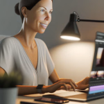 Eine Frau mit einem Lächeln bearbeitet Videos auf ihrem Laptop an einem beleuchteten Schreibtisch.