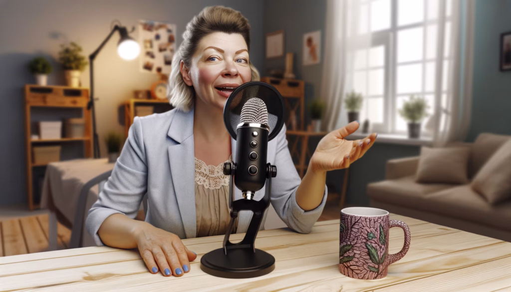 Eine lächelnde Frau nimmt einen Podcast auf, spricht in ein Mikrofon und gestikuliert mit der Hand, während sie an einem Holztisch in einem hellen Raum sitzt.