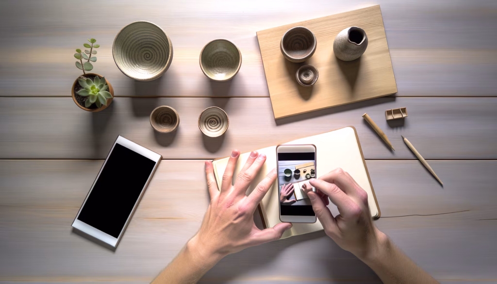 Hände fotografieren mit einem Smartphone ein Arrangement aus Keramikschalen und einer Pflanze auf einem Holztisch; auf dem Smartphone-Display ist ebenfalls ein Bild mit Händen beim Fotografieren zu sehen.