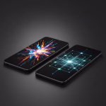 Zwei Smartphones liegen nebeneinander auf einem dunklen Untergrund. Das linke Display zeigt eine bunte, strahlende Explosion, während das rechte Display ein leuchtendes, vernetztes Datennetzwerk darstellt.
