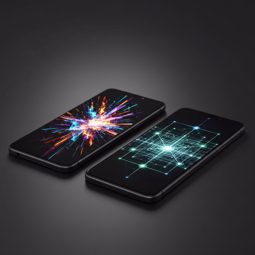 Zwei Smartphones liegen nebeneinander auf einem dunklen Untergrund. Das linke Display zeigt eine bunte, strahlende Explosion, während das rechte Display ein leuchtendes, vernetztes Datennetzwerk darstellt.
