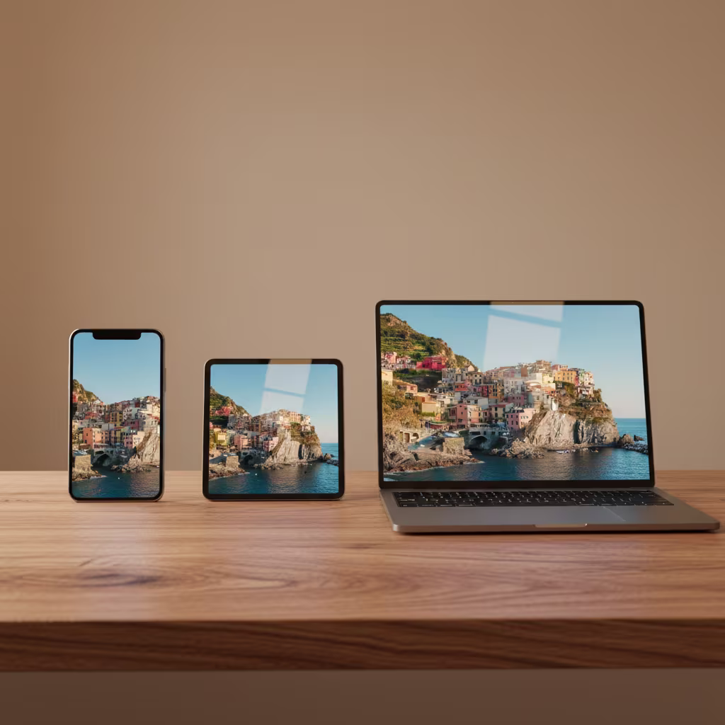 Ein Smartphone, ein Tablet und ein Laptop zeigen jeweils das gleiche Bild einer farbenfrohen Küstenstadt am Meer.