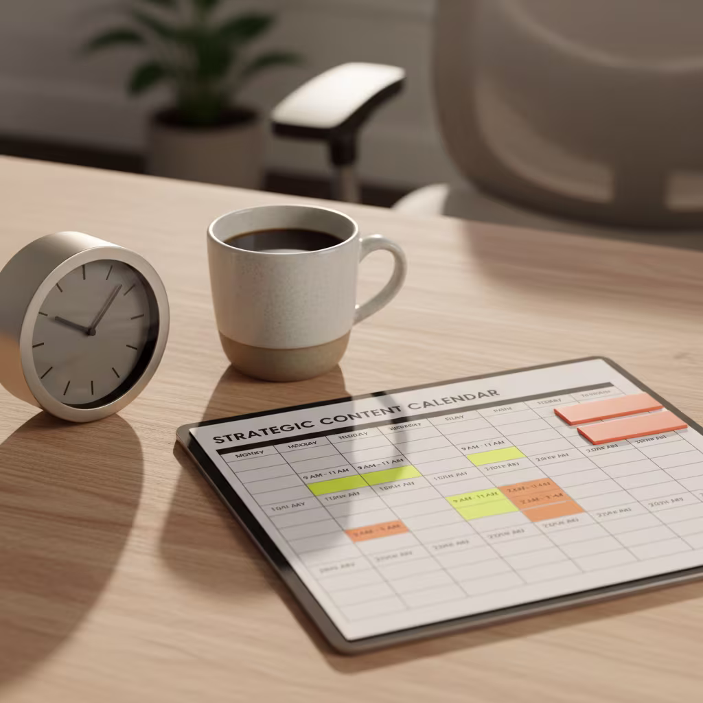 **Vorgeschlagener Text:** In der heutigen schnelllebigen digitalen Welt ist eine durchdachte Content-Strategie unerlässlich. Doch eine Strategie allein reicht nicht – sie muss auch sorgfältig geplant und umgesetzt werden. Genau hier kommt ein strategischer Inhaltskalender ins Spiel. Wie Sie auf dem Bild sehen, hilft ein klar strukturierter Plan, den Überblick zu behalten, Deadlines einzuhalten und sicherzustellen, dass Ihr Content immer relevant und wirkungsvoll ist. Mit einer Tasse Kaffee und einem klaren Zeitplan können Sie Ihre Content-Ziele systematisch erreichen und Ihre Markenpräsenz stärken. Es ist nicht nur ein Werkzeug zur Organisation, sondern ein Kompass, der Sie durch die vielschichtige Welt des Content Marketings navigiert und Ihnen hilft, produktiv zu bleiben. **Alternativtext:** Ein Schreibtisch mit einer Tasse Kaffee, einer Uhr und einem Tablet, das einen übersichtlichen Plan oder eine Zeitplanung mit farblich markierten Aufgaben anzeigt.