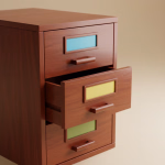 Ein Holz-Aktenschrank mit drei Schubladen und farbigen Beschriftungsfeldern, wobei die mittlere Schublade geöffnet ist.
