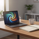 Arbeitsplatz mit einem Laptop, dessen Bildschirm ein farbenfrohes Spiralmuster zeigt, einer Tasse dampfenden Kaffees und einem Notizbuch auf einem Holztisch.