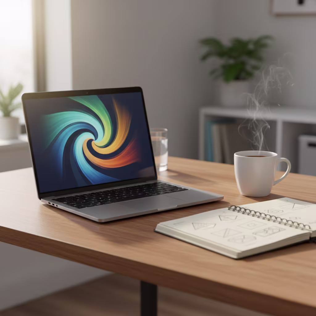 Arbeitsplatz mit einem Laptop, dessen Bildschirm ein farbenfrohes Spiralmuster zeigt, einer Tasse dampfenden Kaffees und einem Notizbuch auf einem Holztisch.