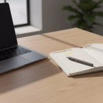 Ein Laptop und ein offener Planer mit einem Stift liegen auf einem sonnendurchfluteten Holzschreibtisch, mit einem Fenster und einer Pflanze im Hintergrund.