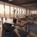 Modernes Großraumbüro in warmem Abendlicht, ausgestattet mit Schreibtischen, Laptops und Studiolichtern für eine Aufnahme.