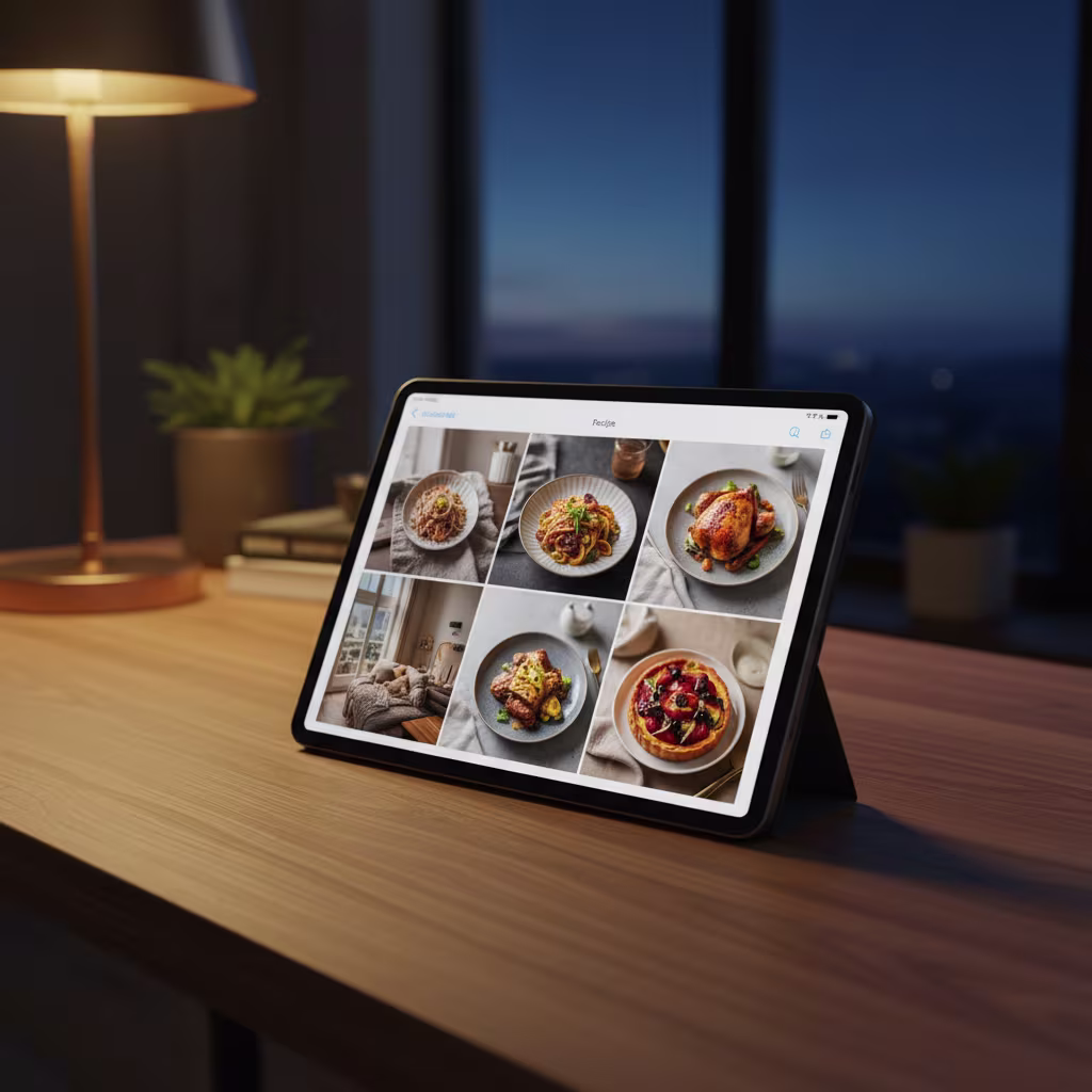 Ein auf einem Holztisch stehendes Tablet zeigt eine Galerie mit verschiedenen Bildern von Speisen, darunter Nudelgerichte, ein Brathähnchen und ein Obstkuchen, sowie einem Bild eines Wohnraums. Im Hintergrund ist ein Fenster mit einem abendlichen Ausblick zu sehen, beleuchtet von einer Tischlampe.