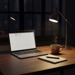 Ein Laptop auf einem dunklen Holztisch zeigt eine Kalenderansicht. Daneben stehen eine dampfende Tasse, ein Notizbuch mit Stift und eine leuchtende Schreibtischlampe, was eine späte Arbeits- oder Planungsstimmung vermittelt.