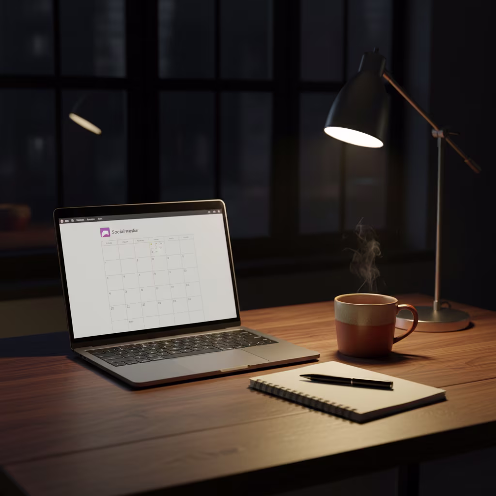 Ein Laptop auf einem dunklen Holztisch zeigt eine Kalenderansicht. Daneben stehen eine dampfende Tasse, ein Notizbuch mit Stift und eine leuchtende Schreibtischlampe, was eine späte Arbeits- oder Planungsstimmung vermittelt.