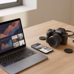 Ein Laptop, ein Smartphone und eine moderne Kamera liegen auf einem Holztisch. Die Bildschirme der Geräte zeigen Diagramme und Fotogalerien.