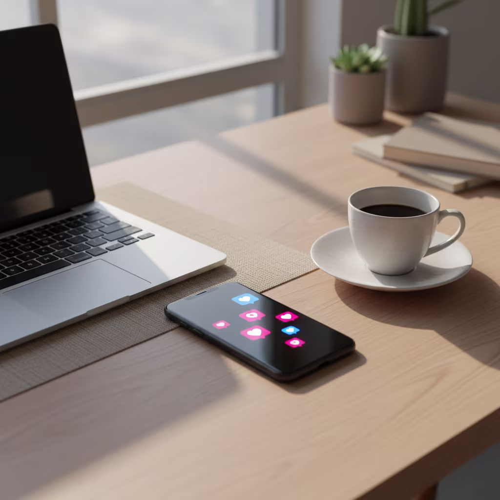 Arbeitsplatz mit einem geöffneten Laptop, einem Smartphone, das Symbole für digitale Interaktionen anzeigt, und einer Tasse Kaffee auf einem Holztisch.