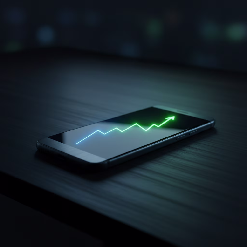Ein Smartphone liegt auf einer dunklen Oberfläche und zeigt ein leuchtendes, aufsteigendes Diagramm auf dem Bildschirm, das Wachstum oder positive Entwicklung symbolisiert.