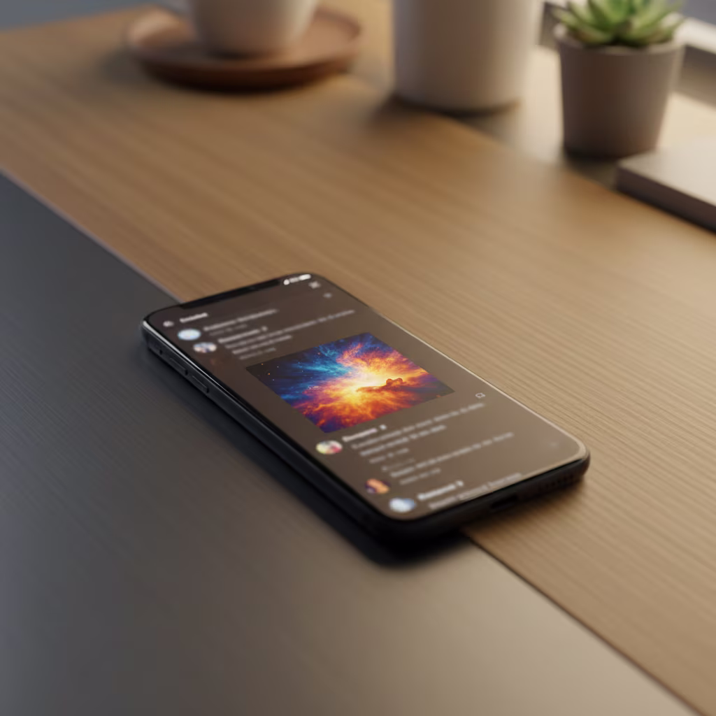 Ein Smartphone liegt auf einem zweifarbigen Schreibtisch und zeigt auf seinem dunklen Bildschirm eine farbenfrohe Abbildung einer explodierenden Nebelstruktur in Blau- und Orangetönen.