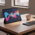 Ein Tablet mit einem farbenfrohen, abstrakten Wellendesign auf dem Bildschirm steht auf einem Holzschreibtisch. Daneben eine weiße Tasse und eine schwarze Tastatur, die eine moderne Arbeitsplatzszene bilden.