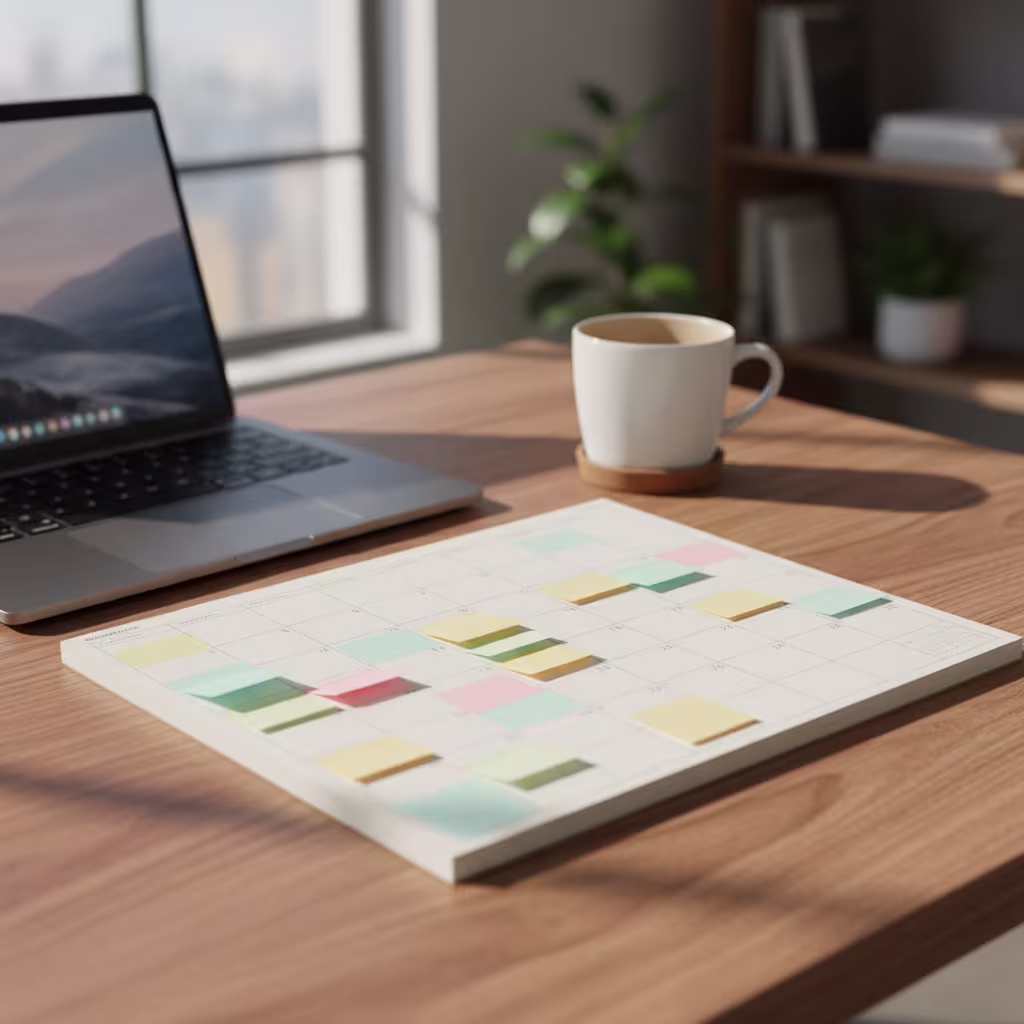 Ein organisierter Schreibtisch mit einem Laptop, einer Kaffeetasse und einem Planer, der mit bunten Haftnotizen versehen ist.