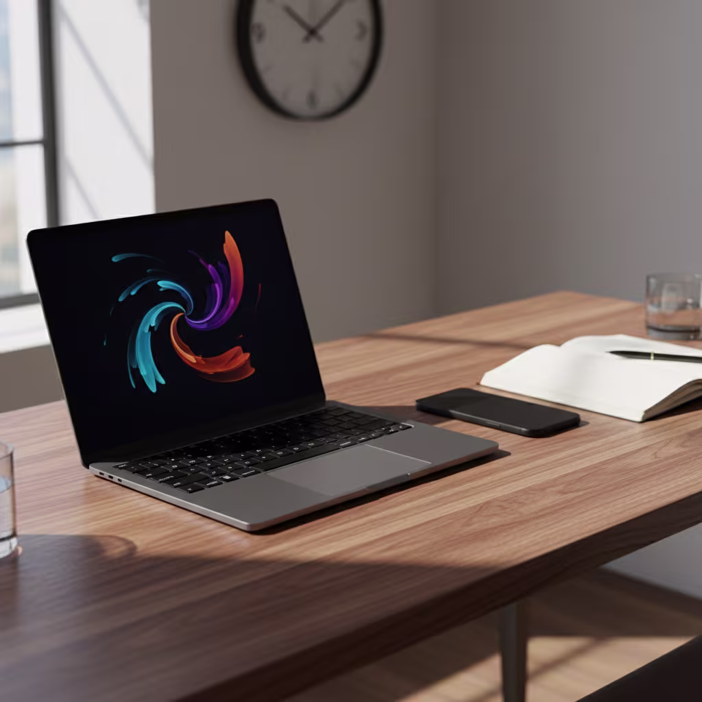 Ein aufgeräumter Holztisch mit einem Laptop, Smartphone, Notizbuch und einem Glas Wasser, beleuchtet von Sonnenlicht, das eine moderne und produktive Arbeitsumgebung zeigt.