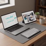 Eine moderne Schreibtischeinrichtung mit einem geöffneten Laptop, der Diagramme anzeigt, einem Tablet mit einer Bildersammlung, einer externen Tastatur, einer Kaffeetasse und einer kleinen Topfpflanze.