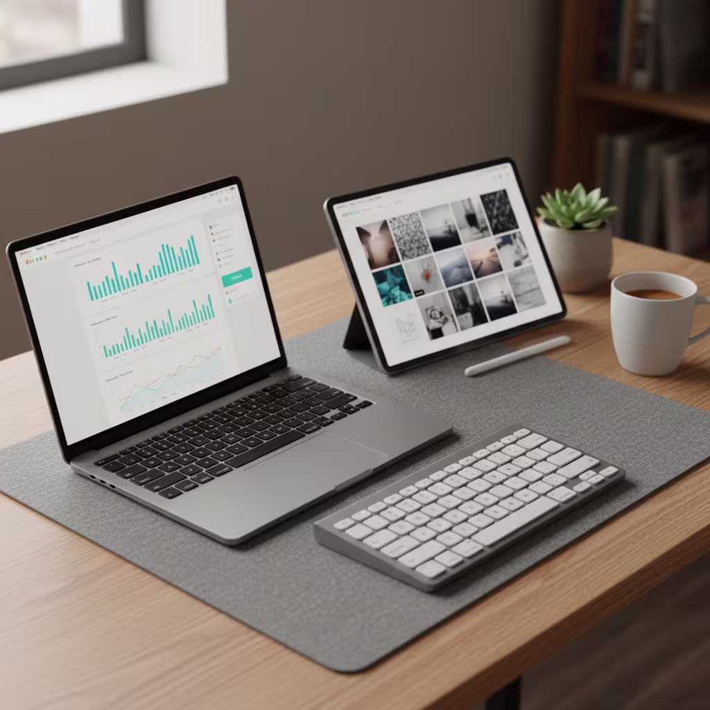 Eine moderne Schreibtischeinrichtung mit einem geöffneten Laptop, der Diagramme anzeigt, einem Tablet mit einer Bildersammlung, einer externen Tastatur, einer Kaffeetasse und einer kleinen Topfpflanze.