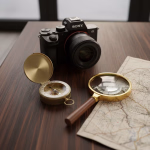 Eine schwarze Kamera, ein offener Messingkompass, eine Lupe mit Holzgriff und eine historische Karte liegen auf einem dunklen Holztisch.