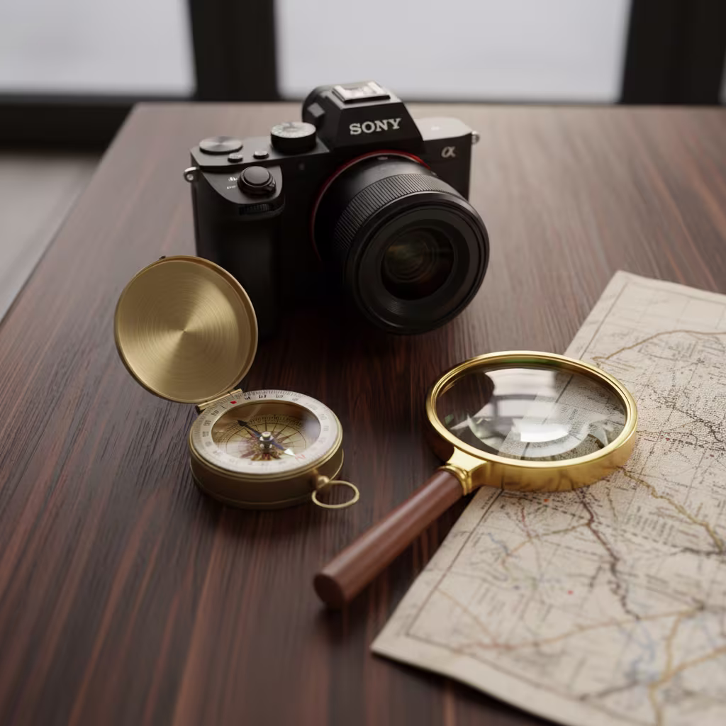 Eine schwarze Kamera, ein offener Messingkompass, eine Lupe mit Holzgriff und eine historische Karte liegen auf einem dunklen Holztisch.