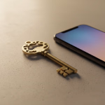 Ein goldener, antiker Schlüssel liegt neben einem Smartphone auf einer hellen, strukturierten Oberfläche, was digitale Sicherheit und Zugang symbolisiert.