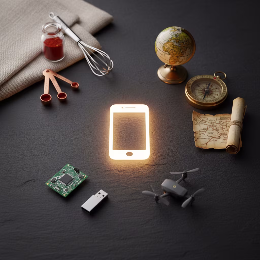 Ein zentrales, leuchtendes Smartphone-Symbol umgeben von Objekten, die Kochen, Reisen und verschiedene Technologien repräsentieren.