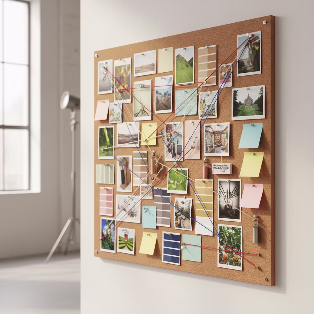 Eine große Korkwand, gefüllt mit einer Vielzahl von Fotos, Farbmustern und Notizzetteln, die mit roten, blauen und beigefarbenen Fäden kreuz und quer verbunden sind, was ein kreatives Projekt oder eine Ideensammlung darstellt.