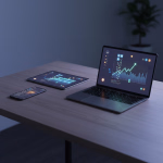 Ein Laptop, Tablet und Smartphone auf einem Schreibtisch in einem dunklen Raum, alle zeigen Datendiagramme und Analysen, wobei der Laptop einen aufwärts gerichteten Trend darstellt.